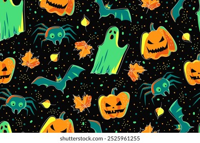 Halloween seamless pattern on black background. Colorful jack-o-lantern, ghost, spider, bat  and autumn leaves. Spooky and autumnal pattern. Vector illustration of Halloween party.