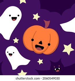 Halloween seamless pattern on a dark background. Purple background with cute ghosts, pumpkins, bats and stars in flat cartoon style. Funny Halloween characters. Trendy color scheme. Vector format