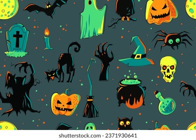 Halloween seamless pattern on dark background. Spider, bat, ghost, owl, pumpkin, grave, cat, dead man's hand, hat, skull, witch's cauldron, and others. Spooky and colorful. Hand drawn. Vector.