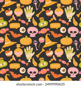 Halloween nahtloses Muster auf dunklem Hintergrund