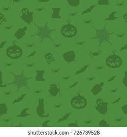 Halloween seamless pattern on green background with black silhouettes of pumpkin, cats, hat, cauldron, spiders, potion and bats.