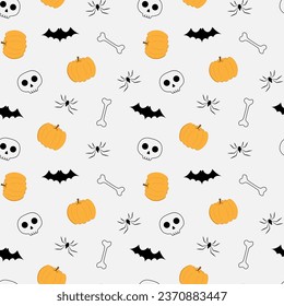 Halloween seamless pattern on a grey background with pumpkin, skull, spider, bat and bone. Halloween scary festive elements.