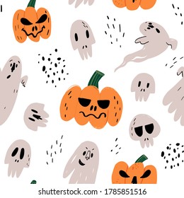 Halloween seamless pattern on isolated background for wrapping paper, coverage, textile print and other design. Funny hand drawn pumpkins with spooky smiles,frightening ghosts and creepy human skulls
