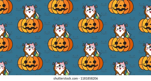 Halloween seamless pattern.dog on Jack-o-lantern pumpkins repeated on background.Vector illustration.