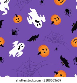 halloween seamless pattern on lilac pumpkin, ghosts, bat

