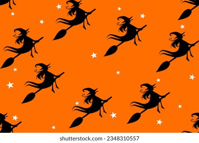 Halloween seamless pattern on October. witches ride broom pattern isolate on background. Trick or treat  Festival. Happy Halloween Pattern on fabric silk. Printer with Star onbackground.