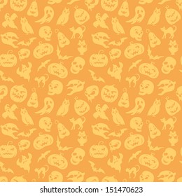 Halloween seamless pattern on orange background with skulls, pumpkin, bat, ghost, etc