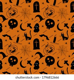 Halloween seamless pattern on orange background. Vector