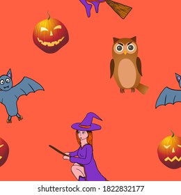 Halloween seamless pattern on orange background