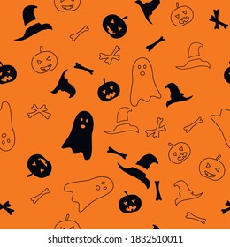 Halloween seamless pattern on orange background. Ready to use for print. CMYK color mode.