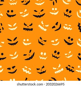 Halloween seamless pattern on orange background. Spooky and crazy pumpkin emotions in yellow and black. Pattern with jack lantern. Vector.