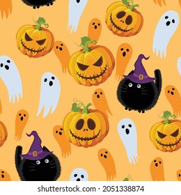 Halloween seamless pattern on orange background. Funny fat cat, ghost and pumpkin halloween pattern background. Halloween theme design vector illustration