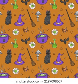Halloween Seamless Pattern on orange background. Hand drawn Line art Halloween texture.