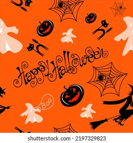 Halloween seamless pattern on orange red background Ghost lettering happy halloween witch black cat cobweb Vector