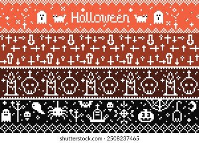 Padrão sem emenda de Halloween em fundo laranja, padrão de pixel de tecido de Halloween.