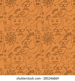 Halloween seamless pattern on orange background - Vector Illustration