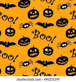  Halloween seamless pattern on orange background.