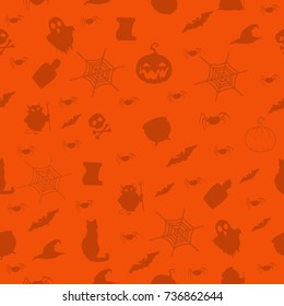 Halloween seamless pattern on orange background with black silhouettes of pumpkin, cat, hat, cauldron, spiders, potion, spider, web and bats.