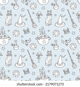 Halloween Seamless Pattern on pastel blue background. Hand drawn Line art Halloween texture.