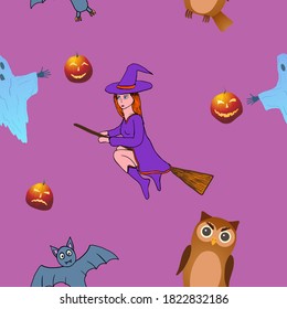 Halloween seamless pattern on purple background