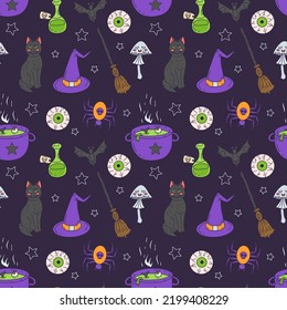 Halloween Seamless Pattern on purple background. Hand drawn Line art Halloween texture.