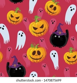 Halloween seamless pattern on red pink background. Funny fat cat, ghost and pumpkin halloween pattern background. Halloween theme design vector illustration