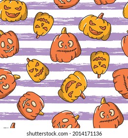 Halloween seamless pattern on striped background with pumpkins for wrapping paper, textile prints, scrapbooking, apparel, wallpaper, etc. Funny faces pumpkins. EPS 10