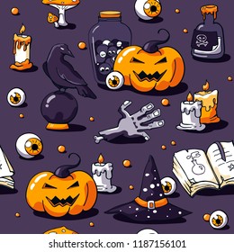 Halloween seamless pattern on violet background. Vector hand drawn objects: zombie hand,  candles, raven, potion, eyeball, scroll, crystal ball, tombstone and scary tree. Halloween lettering.
