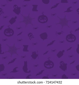 Halloween seamless pattern on violet background with black silhouettes of pumpkin, cats, hat, cauldron, spiders, potion and bats.