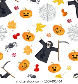 Halloween seamless pattern on a white background. Grim Reaper, Spider, scary pumpkin, cobweb, autumn yellow, orange fallen leaves, candies and sweets. Vector illustration in cartoon simple flat style.