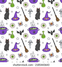 Halloween Seamless Pattern on white background. Hand drawn Line art Halloween texture.