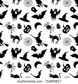Halloween seamless pattern on a white background. Black icons of skull, spider, web, pumpkins, cauldron. Flat design Vector Illustration