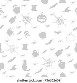 Halloween seamless pattern on white background with black silhouettes of pumpkin, cat, hat, cauldron, spiders, potion and bats.