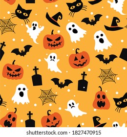 Halloween seamless pattern on yellow background. pattern with Pumpkin, bat, black cat and ghost. vector illustration in flat style modern design.