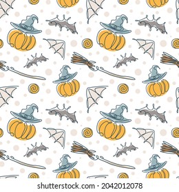 Halloween seamless pattern in one line style. A pumpkin with a hat, a broom, a spider web and a bat. Stock vector illustration. 
