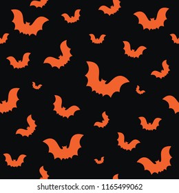 Halloween seamless pattern with orange bats on black background. Design for background, wallpaper or gift wrapping paper. Vector illustration. 