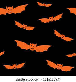 Halloween seamless pattern with orange bats on black background. Bat silhouettes on black background for wrapping paper, postcards, home textile, costumes. Vector illustration.  Greeting card concept