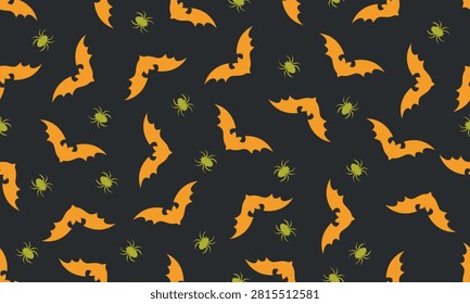 Halloween seamless pattern with orange bats and green spiders