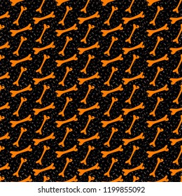 Halloween Seamless Pattern with Orange bones on Black Background. Ready for print in fabric textile design