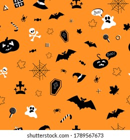 Halloween seamless pattern. Orange festive background  with pumpkins, skulls, bats, spiders, ghosts, bones, candies, spider and bubble with boo
