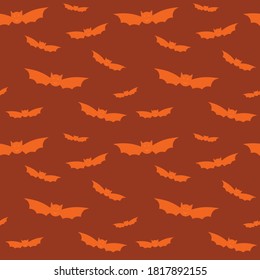 Halloween seamless pattern with orange flying bats. Bat silhouette icons on orange background for wrapping paper, postcards, home textile, costumes. Vector illustration isolated. Halloween decorations