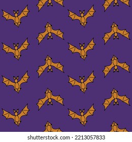 Halloween seamless pattern with orange flying bat silhouettes on purple background