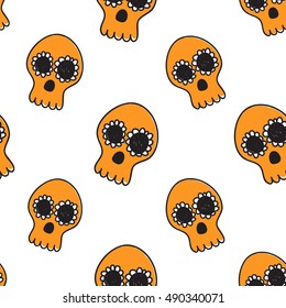 Halloween seamless pattern with orange mexican skull. Beautiful vector background for decoration halloween designs. Cute minimalistic art elements on white backdrop.