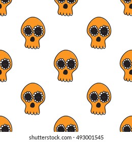 Halloween seamless pattern with orange mexican skull. Beautiful vector background for decoration halloween designs. Cute minimalistic art elements on white backdrop.
