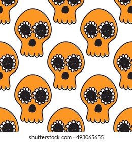 Halloween seamless pattern with orange mexican skull. Beautiful vector background for decoration halloween designs. Cute minimalistic art elements on white backdrop.