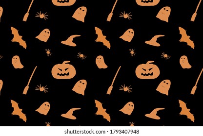 Halloween seamless pattern orange on black background with carved pumpkin, witch hat, ghosts, broom, bat and spiders
