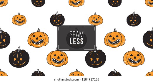 Halloween seamless pattern with orange pumpkin and black pumpkin. Cute vector background for decoration halloween cadrs, package paper, flyer. 