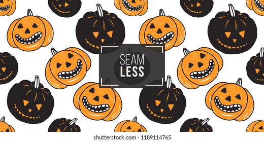 Halloween seamless pattern with orange pumpkin and black pumpkin. Cute vector background for decoration halloween cadrs, package paper, flyer. 
