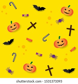 Halloween seamless pattern with orange halloween pumpkin, candy, bat, spider and cross paper cut style on yellow background, Vector illustration