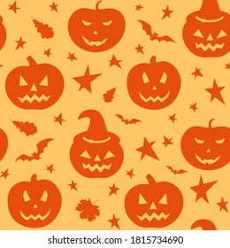 Halloween seamless pattern with orange pumpkin on yellow background. Endless background, wallpaper, wrapping, packaging, texture, paper. Vector illustration in flat style.